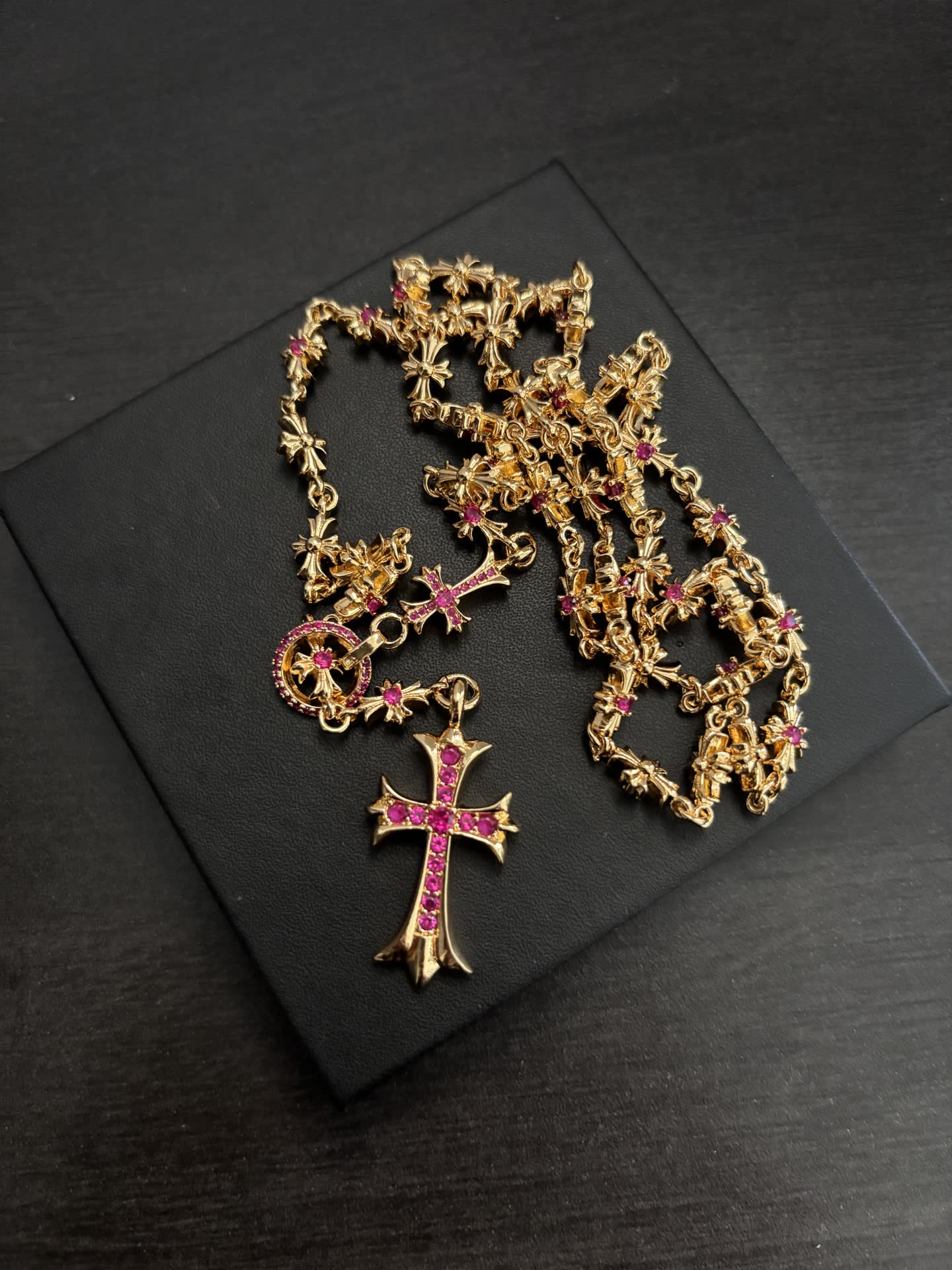 Chrome Hearts Gold Plated Rosary Necklace with Gemstone Cross
